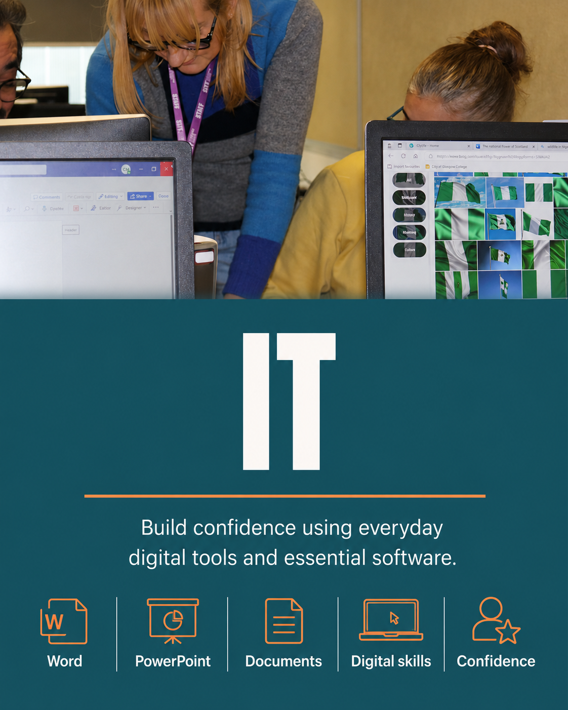 People working at computers on the IT course poster