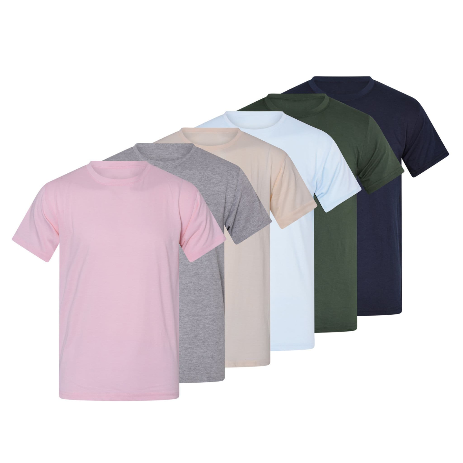 A row of plain T-shirts in pink, grey, cream, pale blue, green and navy