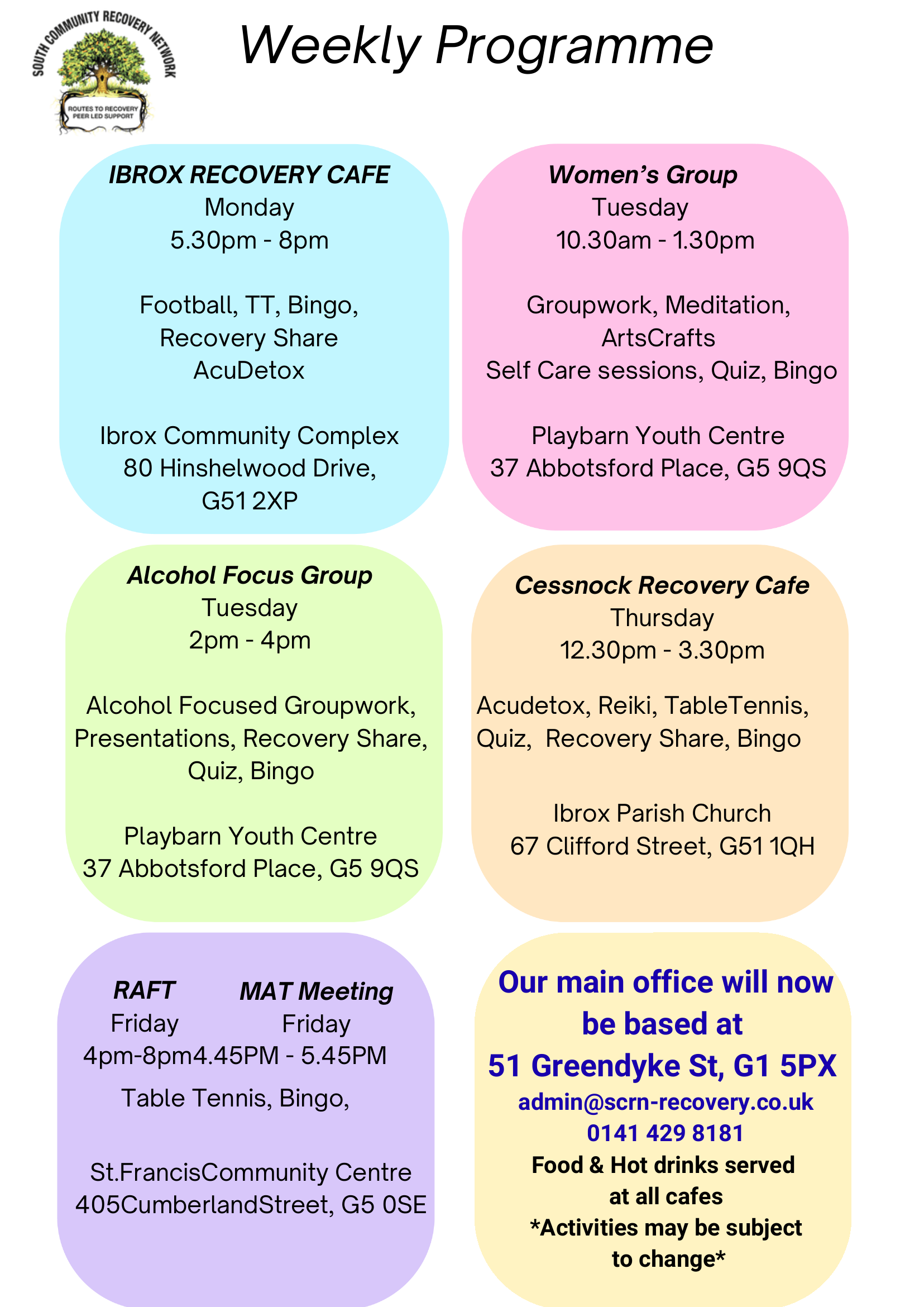 South Community Recovery Network October 2026 weekly programme poster