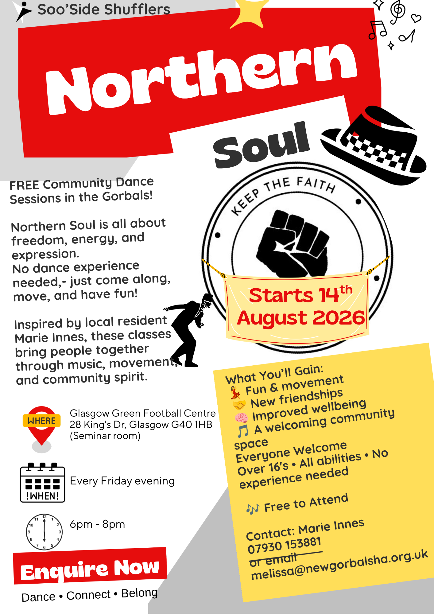 Northern Soul poster for free Friday evening community dance sessions