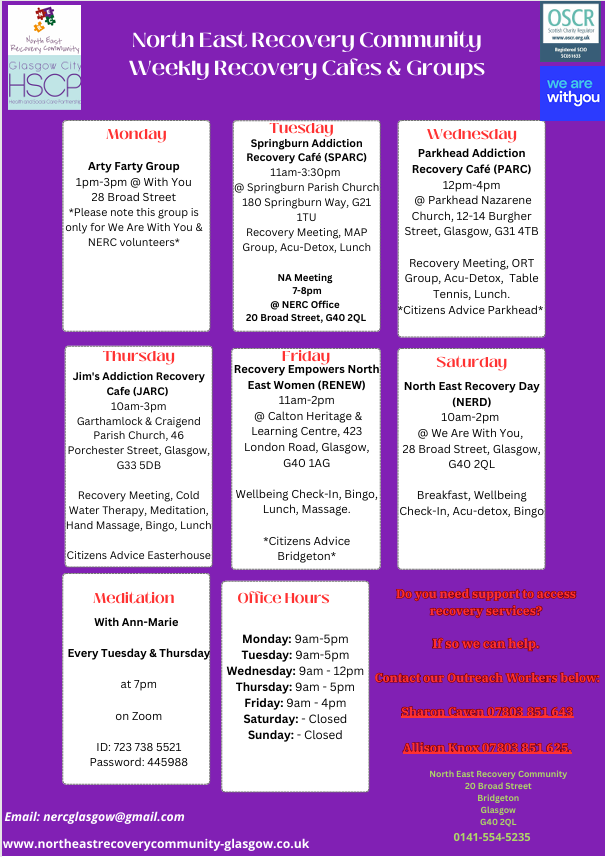 North East Recovery Community weekly recovery cafés and groups timetable