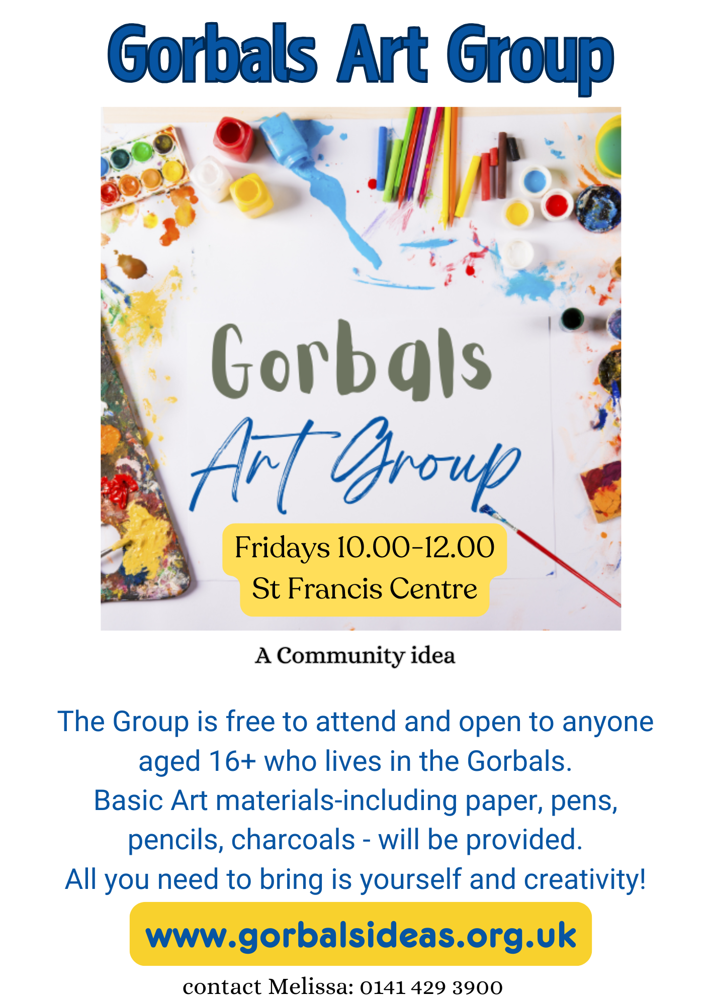 Gorbals Art Group poster showing Friday morning sessions at St Francis Centre