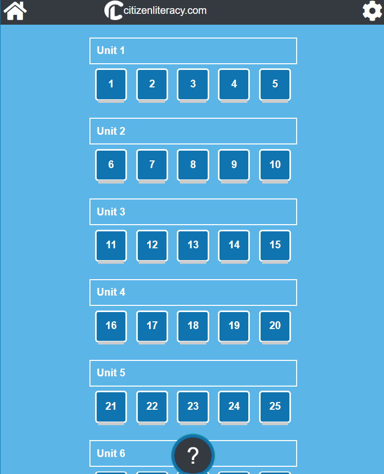 Citizen Literacy App screen showing literacy learning units
