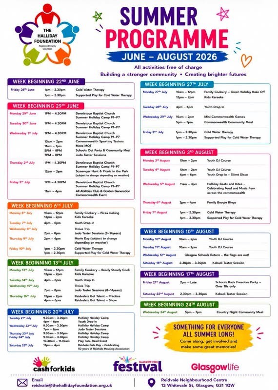Halliday Foundation Summer Programme timetable for June to August 2026