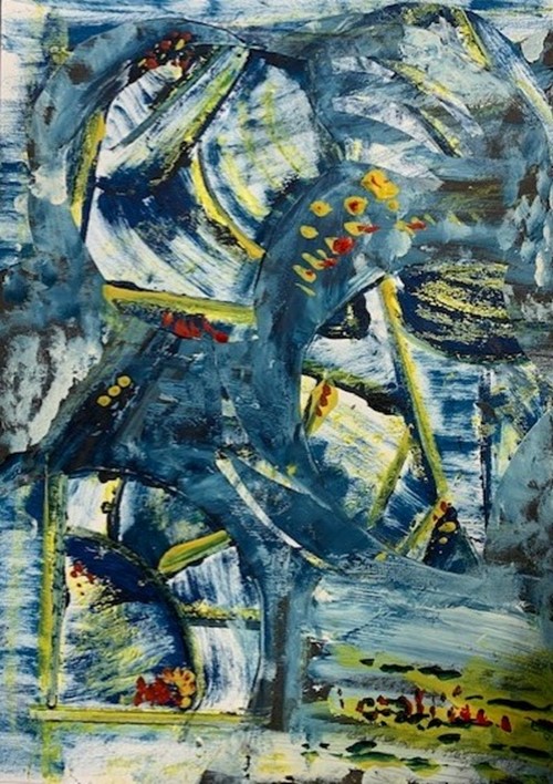 Blue and yellow abstract painting with bold brushstrokes and flecks of red