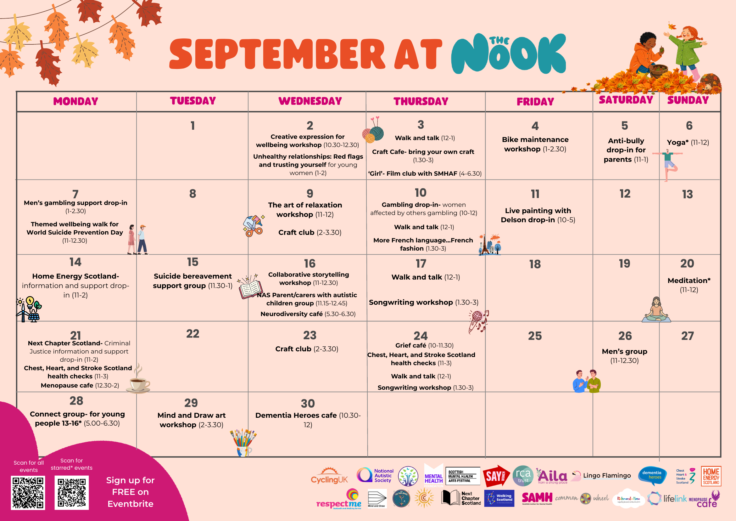 The Nook Glasgow September 2026 calendar of free workshops, walks and drop-ins