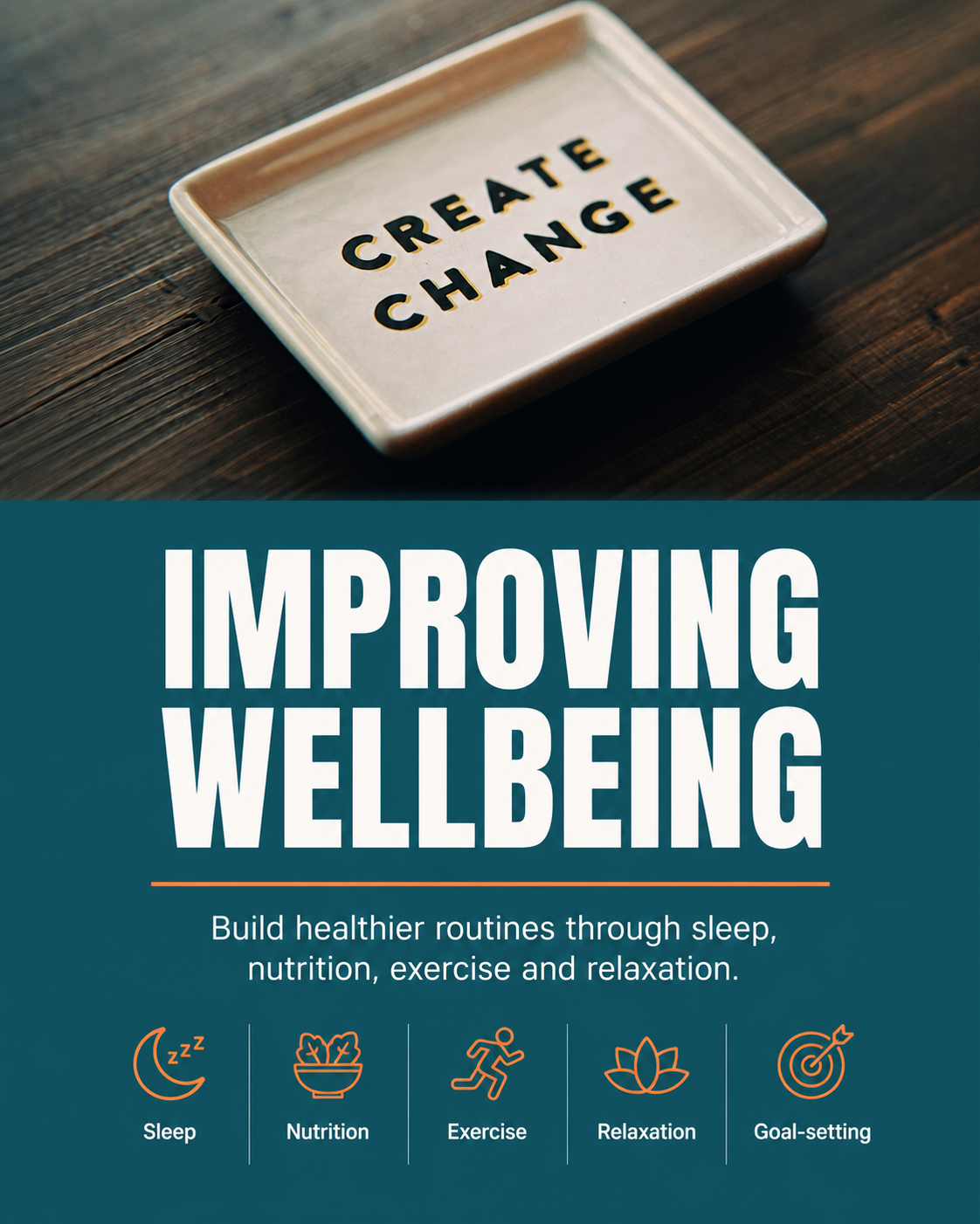 Improving Wellbeing course poster showing sleep, nutrition and relaxation icons