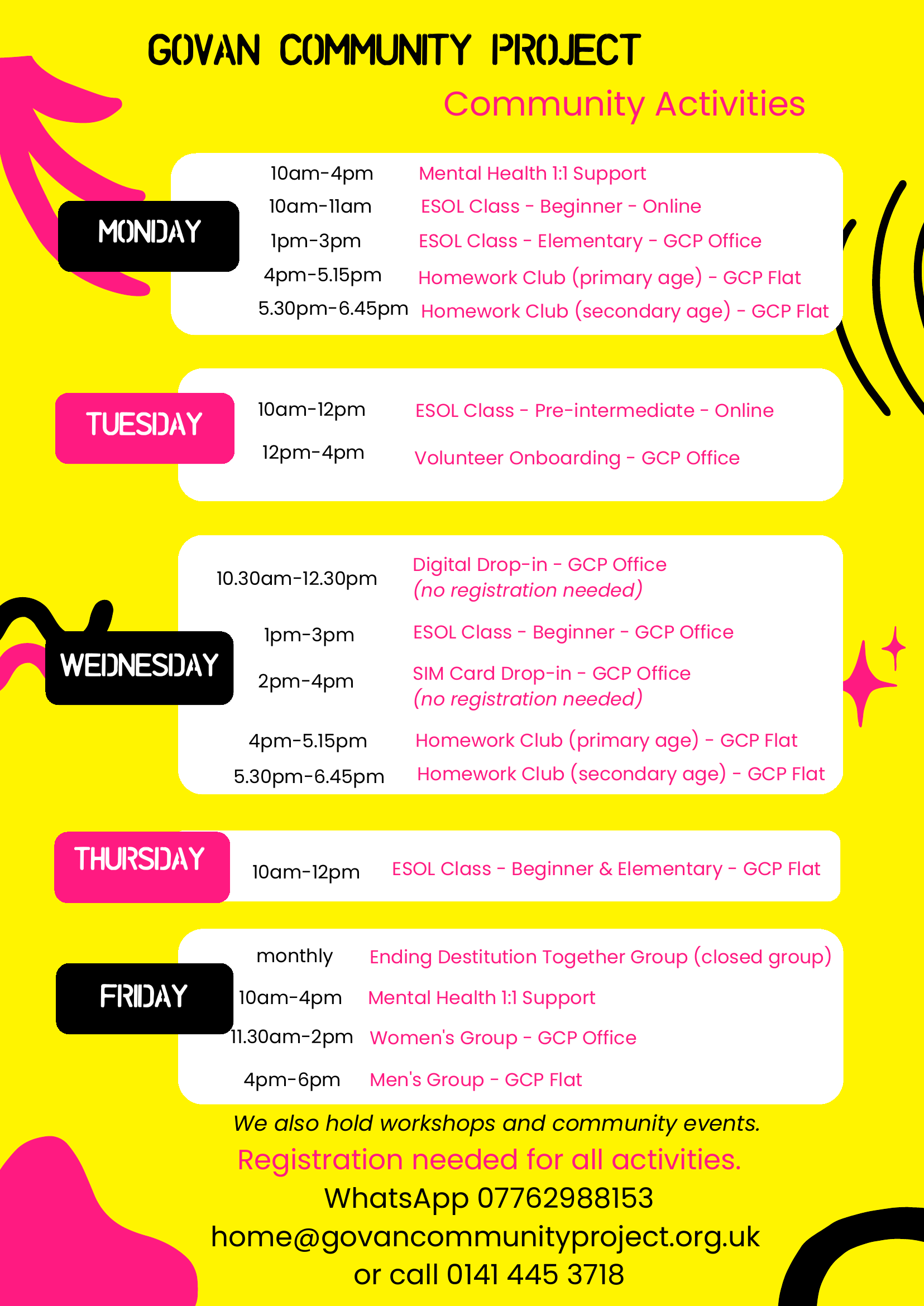 Govan Community Project weekly community activities timetable