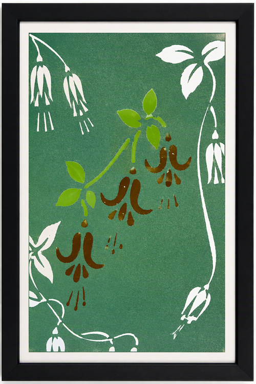 Framed print of fuchsia flowers in white, green and brown on deep green