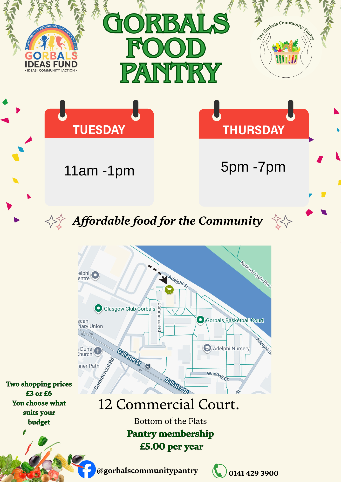 Gorbals Food Pantry poster showing Tuesday and Thursday opening hours