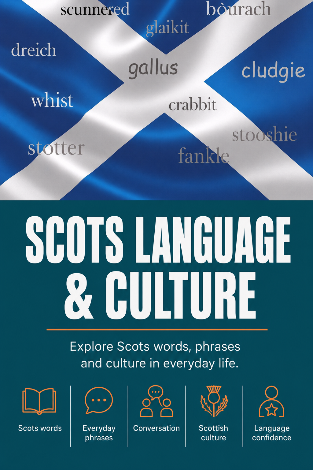 A Saltire with Scots words on the Scots Language & Culture course poster