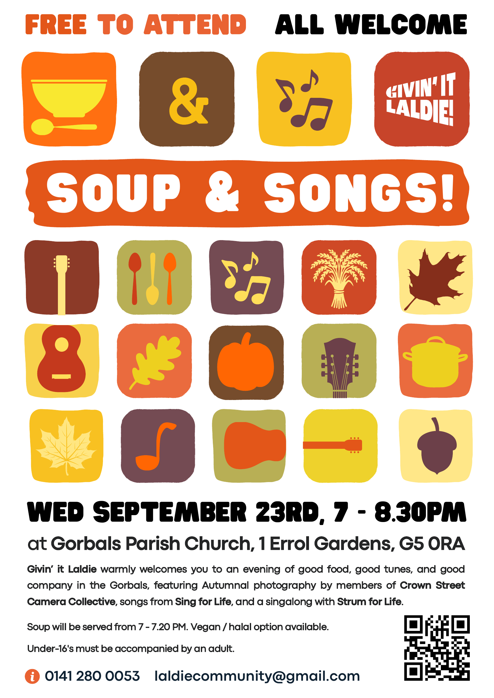Soup & Songs poster — Gorbals Parish Church, Wednesday 23 September, 7–8.30pm