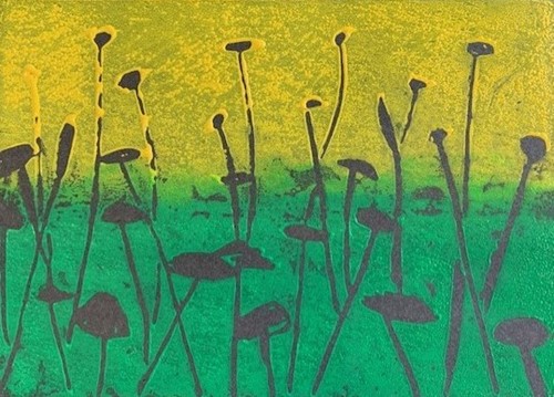 Print of dark seedheads against a yellow and green gradient background