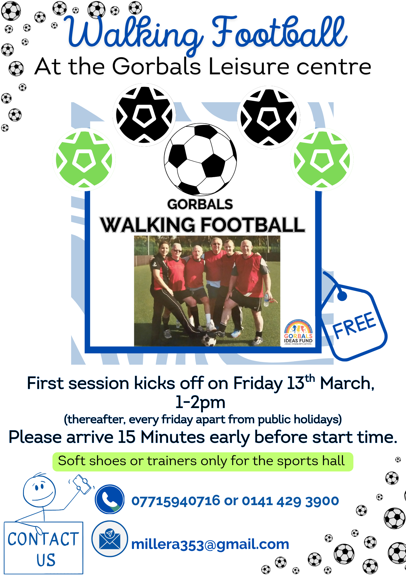 Walking Football poster for weekly Friday sessions at Gorbals Leisure Centre