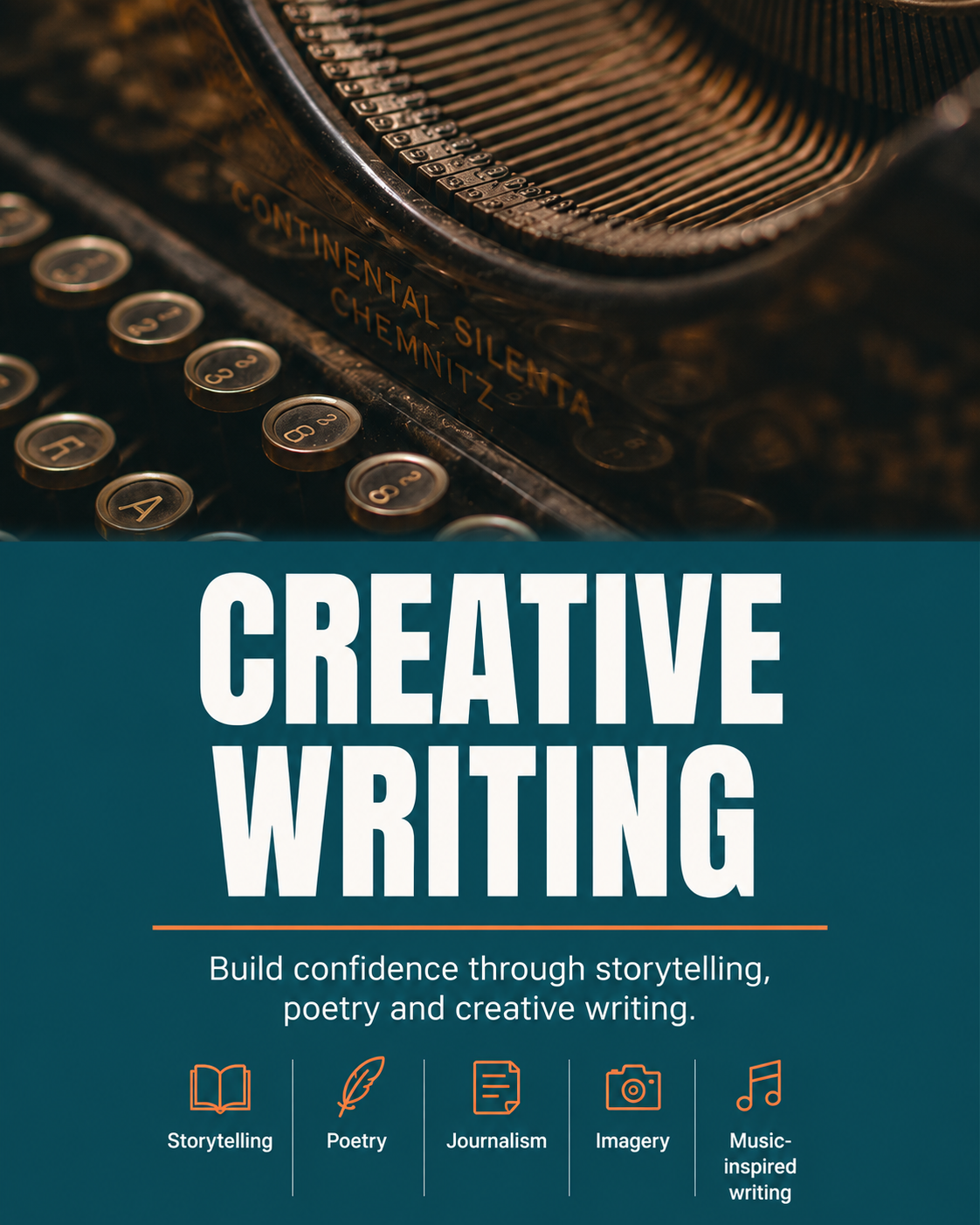 A typewriter and stack of books on the Creative Writing course poster