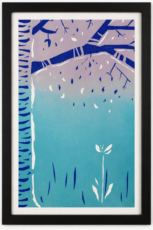 Framed lino print of birch branches and a white flower in blue and lilac