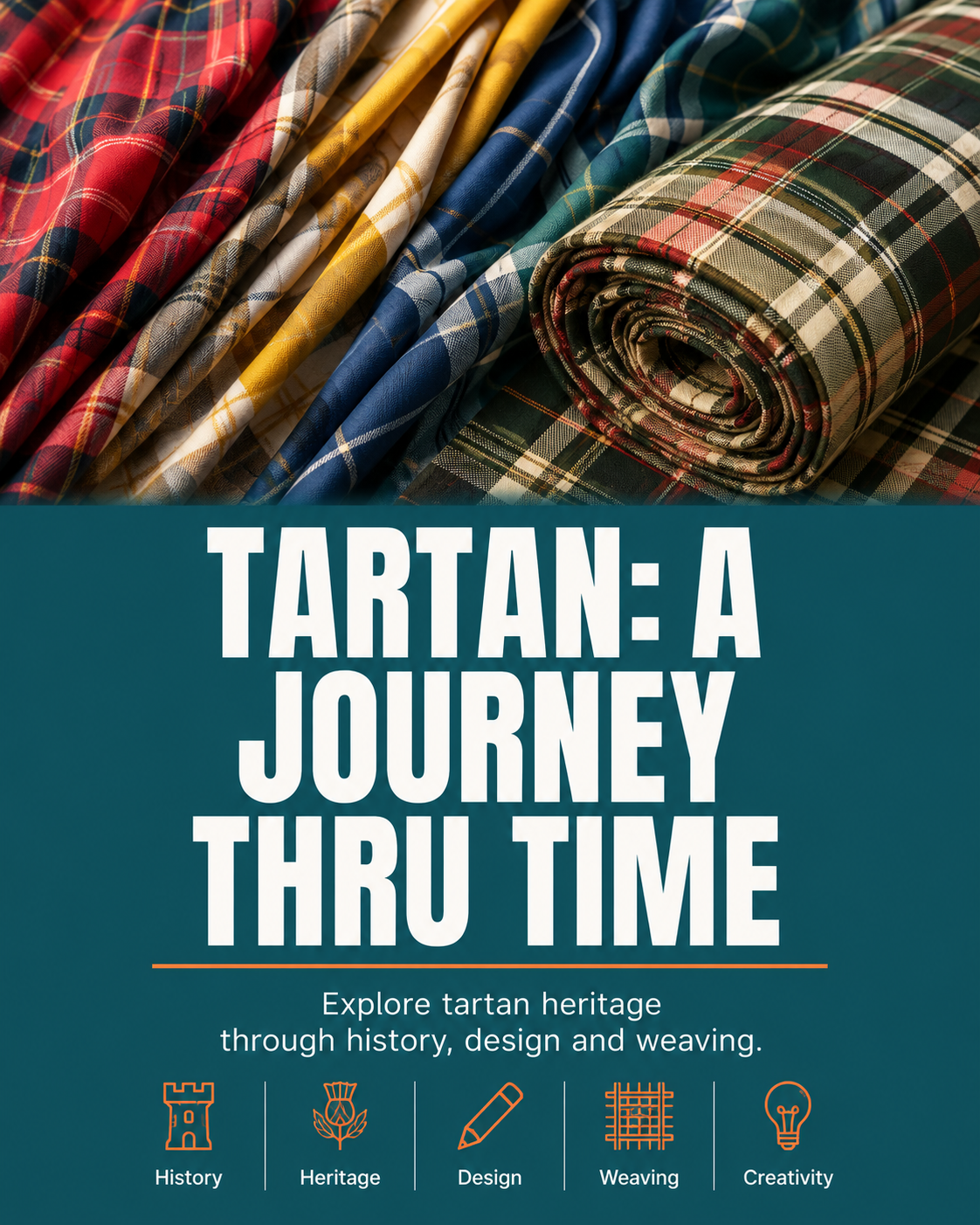 Rolls of tartan cloth on the Tartan: A Journey Thru Time course poster