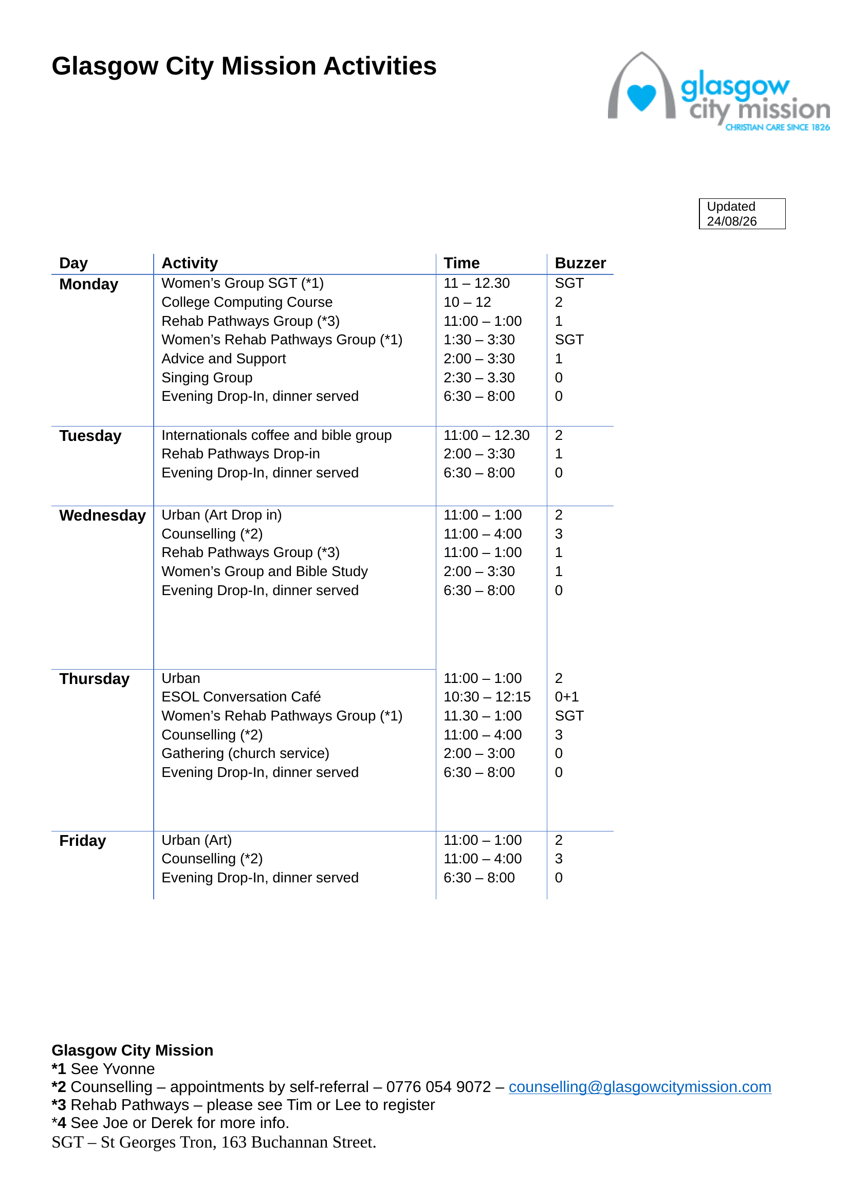 Glasgow City Mission weekly activities timetable