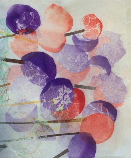 Print of overlapping purple and coral circles with lace textures