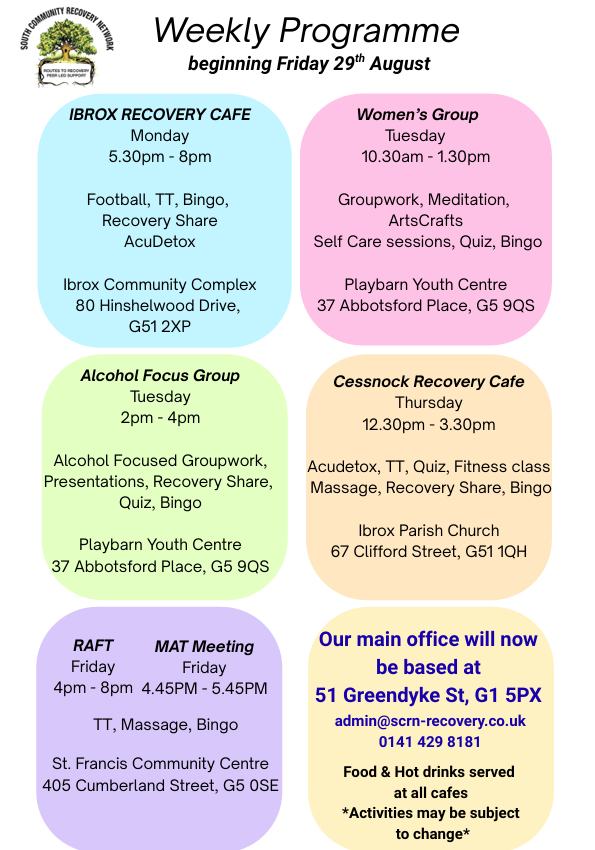 South Community Recovery Network weekly programme poster