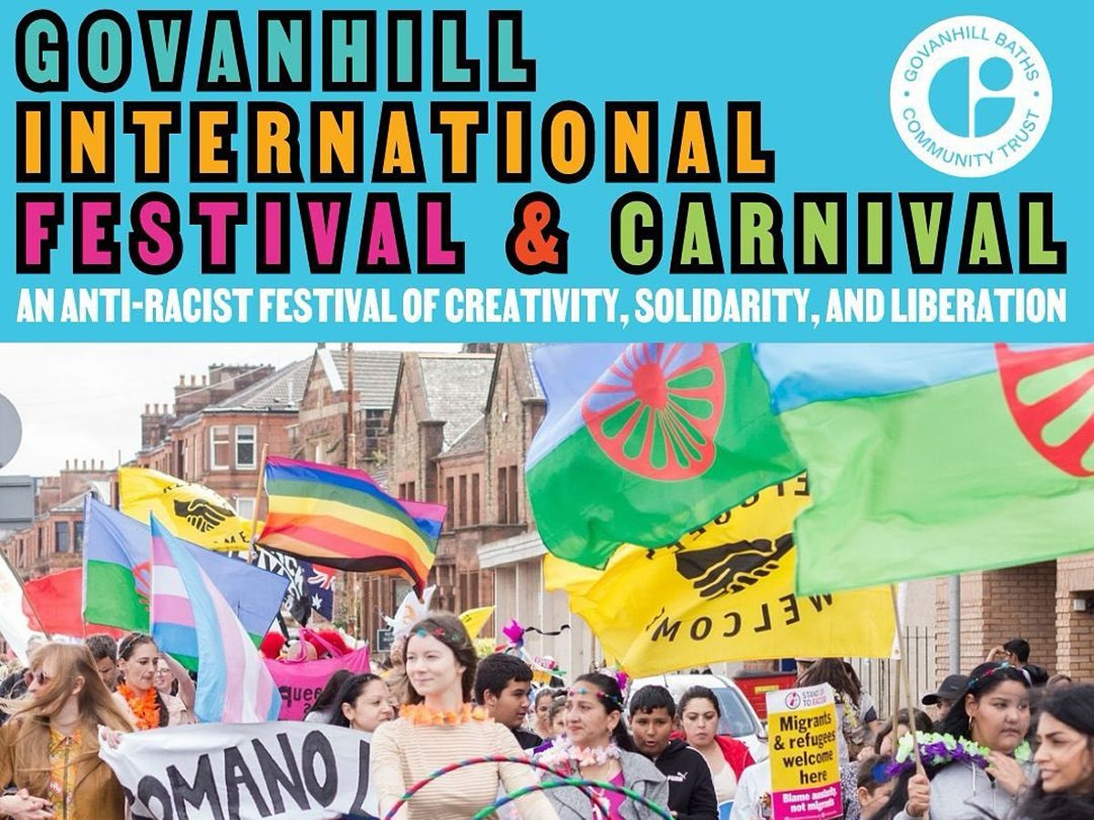 Govanhill International Festival and Carnival poster with a colourful street parade