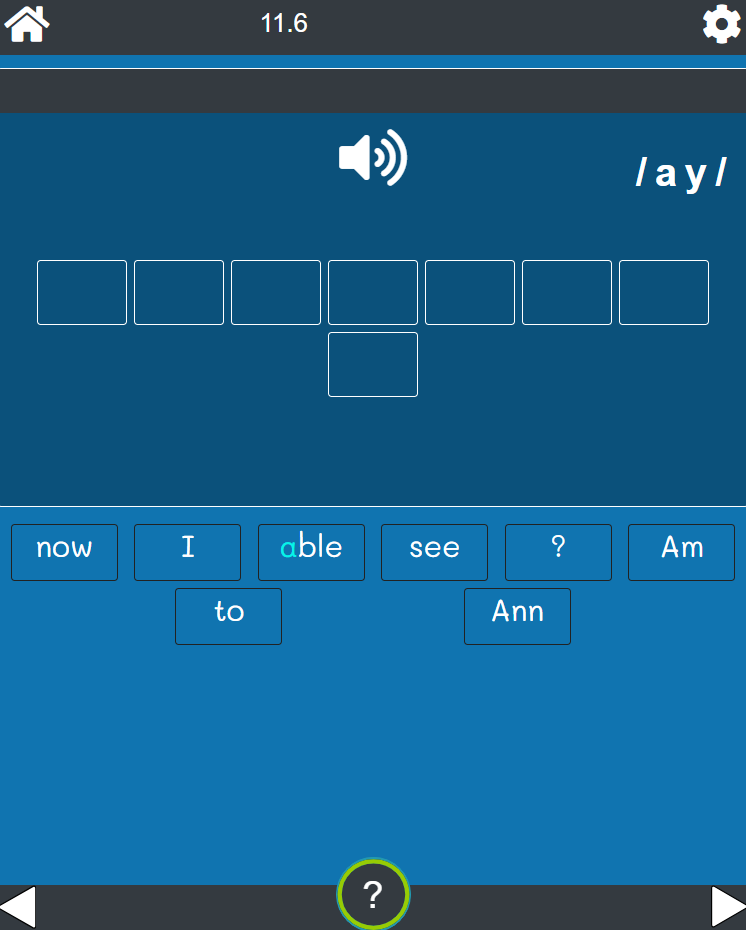 Citizen Literacy App sentence-building exercise with the /ay/ sound and word tiles to choose from