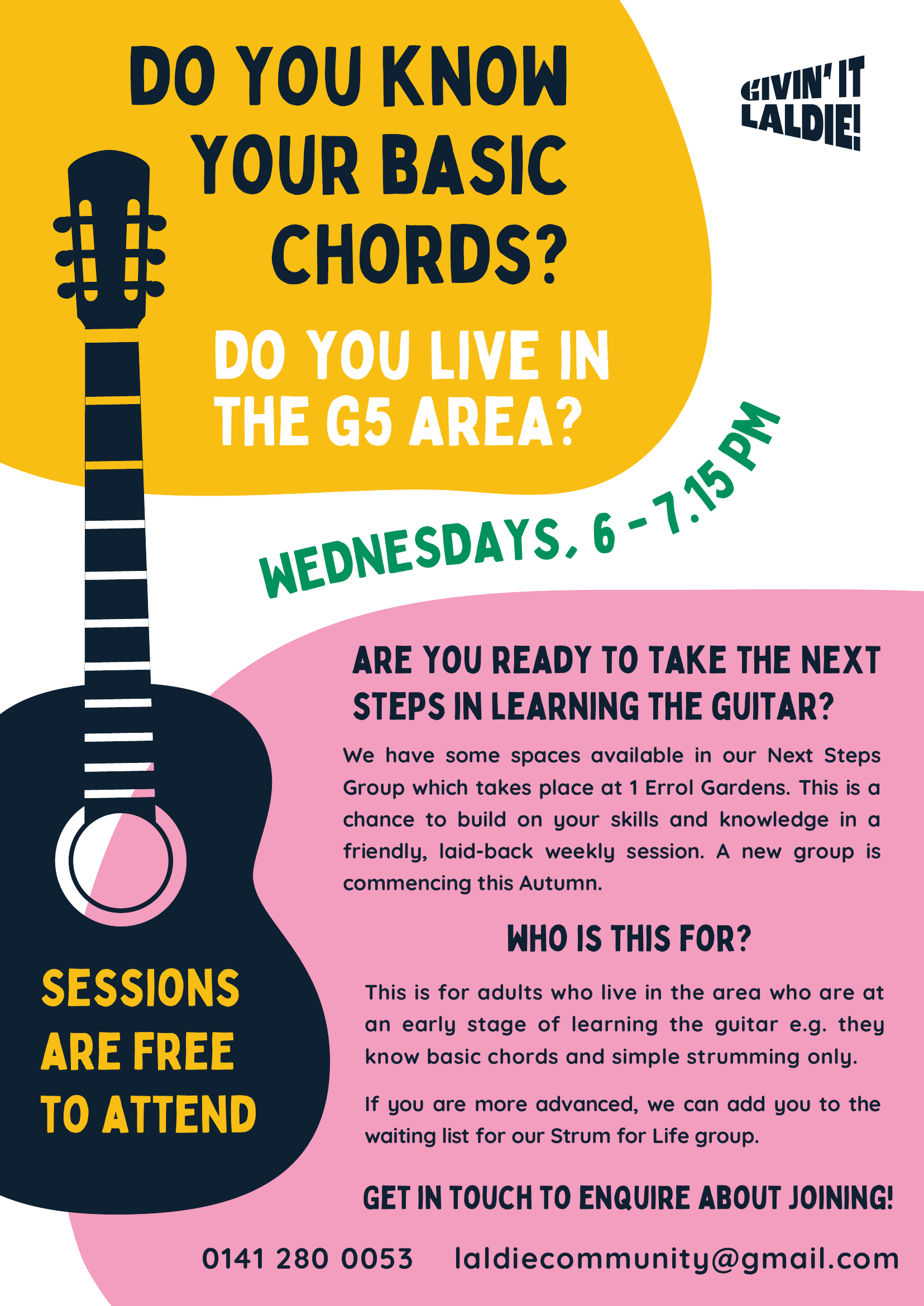 Next Steps guitar group poster — free Wednesday evening sessions at 1 Errol Gardens