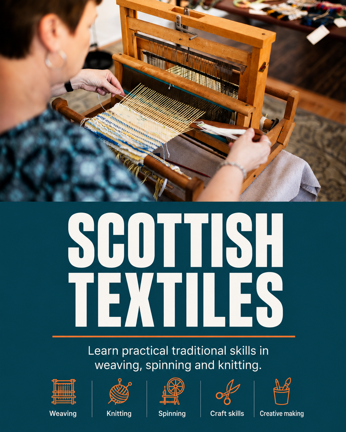A weaver working at a loom on the Scottish Textiles course poster