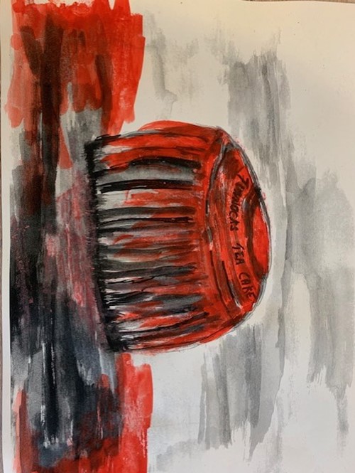 Painting of a red teacake in bold red, black and grey brushwork