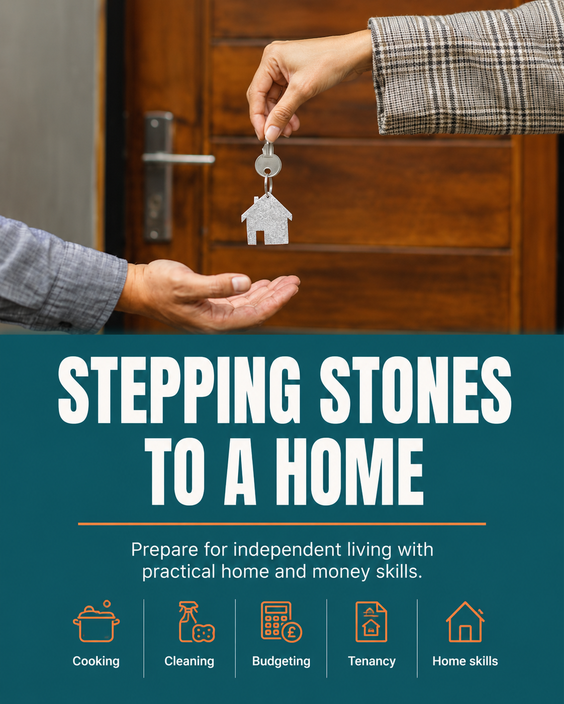 A hand passing over house keys on the Stepping Stones to a Home course poster