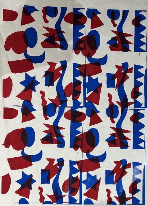 Screen-printed fabric with repeating red and blue geometric shapes